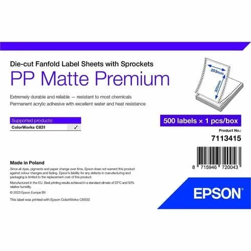 PP MATTE LABEL PREM DIE-CUT FANFOLD SHEETS WITH SPROCKETS 20 - 7113415